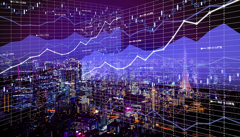 city landscape with financial graphs